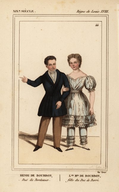 Enrique, conde de Chambord, duque de Burdeos 1820-1883 y Luisa María Teresa de Artois, hija del duque de Berry 1819-1870. Litografía coloreada a mano por Madame Calon de Le Bibliophile Jacob alias Paul Lacroix