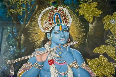 Hinduismo; pintura del Señor Krishna con flauta; Templo Durgiana Mandir Vishnu; Amritsar; Punjab; India; Asia del Sur; Asia de Unbekannt