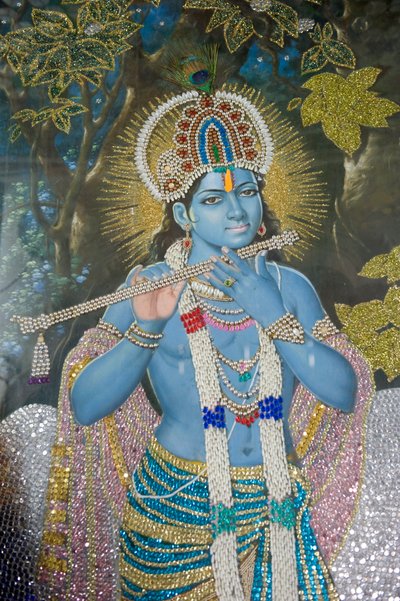 Hinduismo; pintura del Señor Krishna con flauta; Templo Durgiana Mandir Vishnu; Amritsar; Punjab; India; Asia del Sur; Asia de Unbekannt