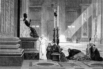 Historia de la Antigua Roma. El Papa Pío IX en oración ante la estatua de San Pedro en la Basílica del Vaticano Grabado G.Laplant 1867 de Unbekannt