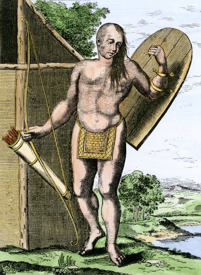Historia de los pueblos indígenas: Un indio de Canadá sostiene un escudo, un arco y flechas en un carcaj de Unbekannter Künstler