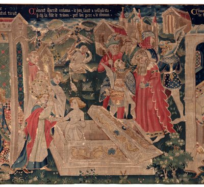 Historia de San Piat y San Eleuthère, también llamado tapiz de Arras. Encargado al canónigo Toussaint Prier, capellán del duque de Borgoña, finales del siglo XIV-principios del XV. 22m x 2m. Detalle (tapiz) de Alec Hunter