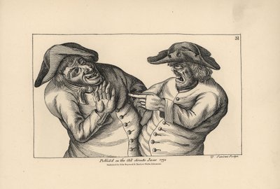 Hodge y Roaf se acusan mutuamente de dejar una olla de pis en lugar de una jarra de cerveza. Grabado en cobre de Thomas Sanders a partir de una ilustración satírica de Timothy Bobbin (John Collier) (1708-1786) de Human Passions Delineated, John Haywood, Ma de Unbekannter Künstler