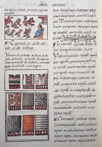 Huipil, prenda femenina usada por la nobleza con blusas bordadas, Libro VIII del Códice Florentino, Historia General de las Cosas de Nueva España, por el misionero español Fray Bernardino de Sahagún. Civilización azteca de William M. Timlin