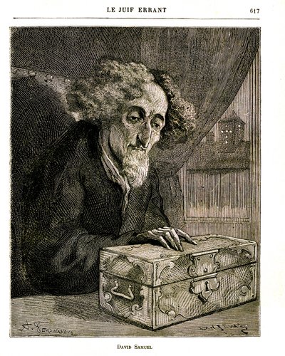 Ilustración de la novela de Eugene Sue "El Judío Errante" - Grabado por FERDINANDUS en la edición de Jules Rouff de 1883. David Samuel, el guardián de la propiedad de la familia De Rennepont, con la caja (cofre) que contiene los valores, acciones, billetes de Unbekannt