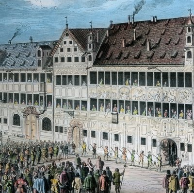 Delante de la casa Fugger, en el Weinmarkt de la ciudad de Augsburgo, el pueblo rinde homenaje al rey sueco Gustavo Adolfo. de Unbekannter Künstler