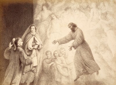 En la Esfera de Marte, Dante se encuentra con el espíritu de su antepasado Cacciaguida. Ilustración del Canto XV del Paradiso de La Divina Comedia de Dante Alighieri. Obra de Franceso Scaramuzza dedicada al Ayuntamiento de Florencia. de Unbekannter Künstler