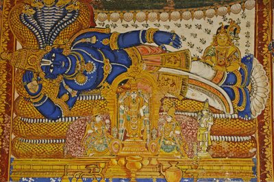 India, Tamil Nadu, Srirangam, Templo Hindú Sri Ranganathasvami (orig siglo X), pintura mural de Vishnu de Unbekannt