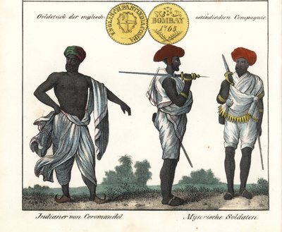 Trajes indios: un hombre de la costa de Coromandel y dos soldados de Mysore (o Maissour). Con una moneda de oro de la Compañía de las Indias Orientales. Litografía para el libro: "Galerie complete en tableaux fideles des peuples d