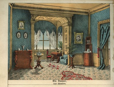 Decoración interior: un dormitorio y muebles. Placa de un diccionario infantil franco-alemán de Unbekannt