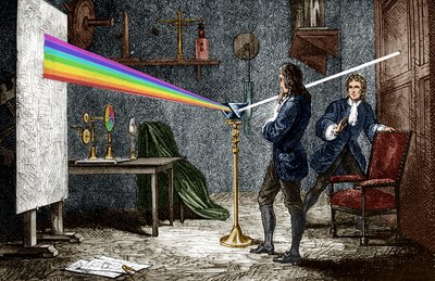 Isaac Newton dispersa la luz con un prisma de cristal de Unbekannter Künstler