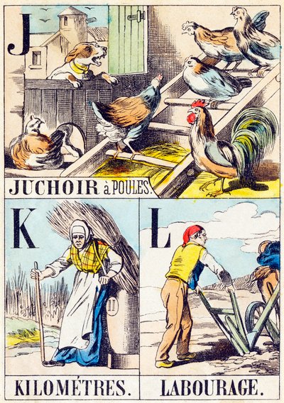 J K L: Gallinero, Kilómetros, Labranza - "Alfabeto de la granja" finales del siglo XIX (grabado) de Unbekannt