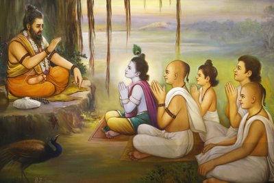 Templo hindú Jalaram Prathna, Leicester. Fresco. Krishna y devotos escuchando a Balarama. Reino Unido de Unbekannt
