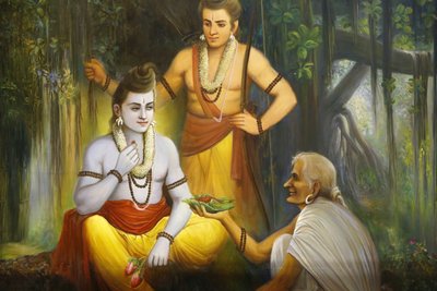 Templo hindú Jalaram Prathna, Leicester. Fresco. Rama se encuentra con Shabari, quien ofrece comida a Ramacandra. Reino Unido de Unbekannt