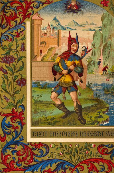 Bufón - retrato de un bufón de la corte medieval según una miniatura del siglo XV (grabado) de Unbekannter Künstler