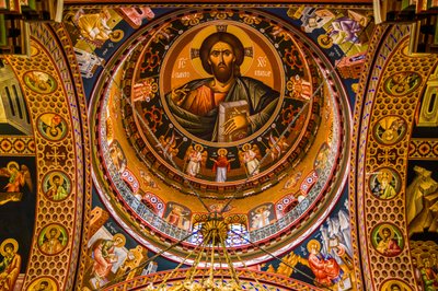 Jesús como Pantocrátor, catedral bizantina de Minas con coloridos frescos, Heraklion (foto) de Unbekannter Künstler