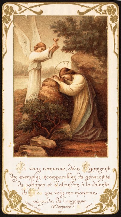 Jesús arrodillado en oración en el Huerto de Getsemaní, un ángel le presenta un cáliz. Principios del siglo XX (tarjeta postal) de Unbekannter Künstler