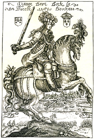 Juana de Arco frente a Orleans, a caballo, espada en alto de Unbekannter Künstler