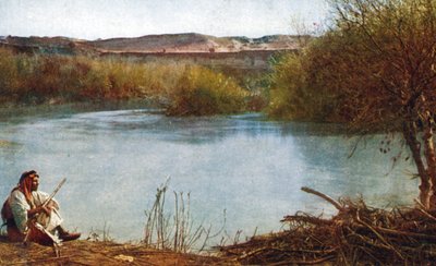 Río Jordán - cazador árabe sentado a la orilla del río (psotcard) de Unbekannter Künstler
