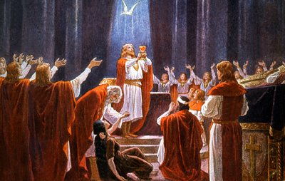 El rey Amfortas sosteniendo al Santo Grial (de Parsifal de Wagner), principios del siglo XX (tarjeta postal) de Unbekannter Künstler