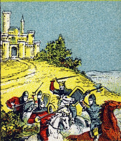 El rey Luis VI Le Gros luchó contra el robo de los señores del reino. Grabado en "Histoire de France". Serie de imágenes publicitarias publicadas en nombre de Louit, 24 rue d