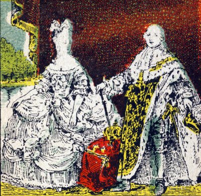 Rey Luis XVI de Francia y la Reina María Antonieta. Grabado en "Histoire de France". Serie de imágenes publicitarias publicadas en nombre de Louit, 24 rue d