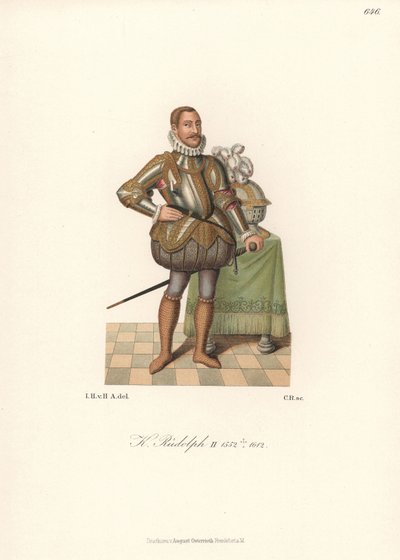 Rey Rodolfo II, Emperador del Sacro Imperio Romano Germánico, Rey de Bohemia, Archiduque de Austria (1552-1612). Con gorguera de encaje, armadura de placas decorada con oro, calzón acolchado acuchillado y calcetas de cota de malla. Cromolitografía de Hefne de Unbekannter Künstler