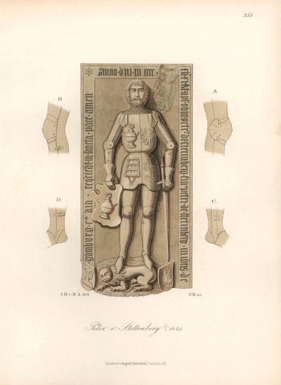 Caballero con armadura del siglo XV, con detalles de las ataduras en las rodillas y los codos - Lápida de Peter von Stettenberg, fallecido en 1441 - Cromolitografía, dibujo de Jakob Heinrich von Hefner-Alteneck (1811-1903), para su libro "Trajes, oficios e de Unbekannter Künstler