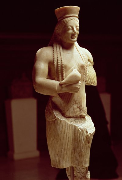 Figura de Kore de una joven ateniense sosteniendo una ofrenda de pájaro, griega, c.540-530 a.C. (mármol y pigmento policromado) de Unbekannt