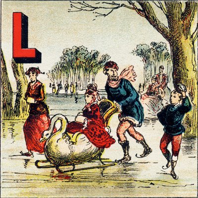 L: Lago. Un lago es un gran espacio de agua enclavado en las tierras. El Lago de Ginebra es un lago admirable - Gravura extraída de Alphabet geographique. Guerin-Muller et Cie, editores, París de Unbekannt