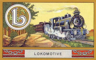 L : Lokomotive - Alphabet Palmin. Serie de cromolitografías editadas por H. Schlinck & Cie, Hamburgo. Publicidad para Palmin feinstes Cocosfett. Dimensiones: 7 x 11 cm de Unbekannt