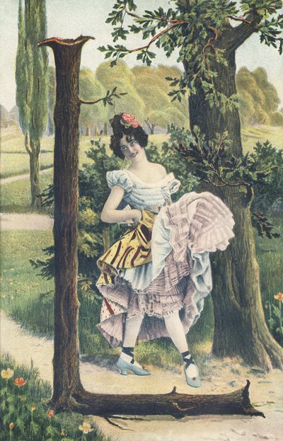 L: Una mujer con flores en el cabello levanta sus faldas para esbozar un paso de baile. Decoración campestre - Alfabeto personajes Ref Th. E., L. Theochrom - Serie 994. Theodor Eisman, editor, Leipzig de Unbekannt