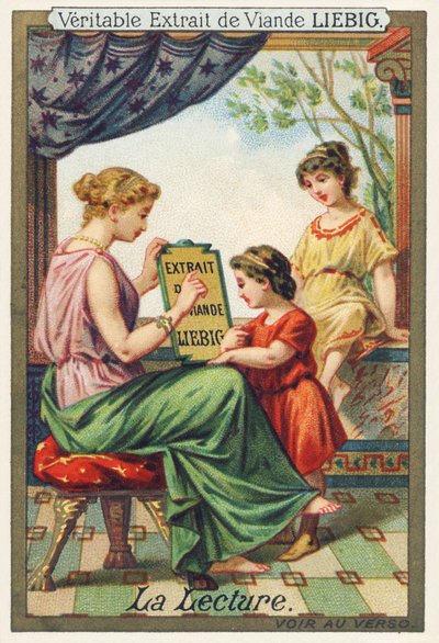 La lectura. Una joven sentada muestra un cartel publicitario de Liebig a dos niñas de pie frente a ella. Cromolitografía publicitaria, Compañía Liebig, Londres, finales del siglo XIX. Dimensiones: 10,5 x 7 cm de Unbekannt