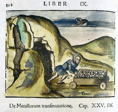 La mina siglo XVI: un hombre empuja un carrito lleno de mineral a la entrada de una mina de Unbekannt