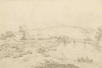 Paisaje junto al río, con puentes y barcos. de Unbekannter Künstler