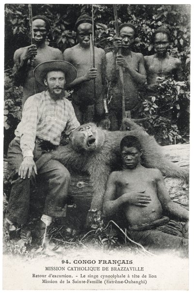 El mono cinocéfalo con cabeza de león, c.1910 (litografía) de Unbekannt