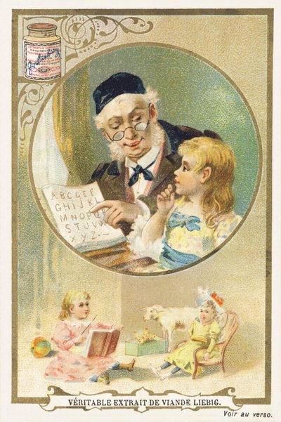 Lectura con abuelo. Cromolitografía publicitaria que representa en un marco circular a una persona mayor, una niña a su lado. En la parte inferior de la imagen, una niña sentada rodeada de juguetes. Editado por Compagnie Liebig, París, finales del siglo XI de Unbekannt