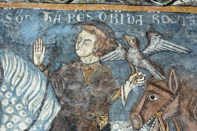 Leyenda de la fundación de la Abadía de Vezzolano: el rey Carlomagno (Carlos I el Grande) (742-814) cazando con halcón. Se decía que tenía el origen de la construcción de la abadía. Fresco del claustro de la Abadía de Vezzolano. Piamonte, Italia. de Unbekannt