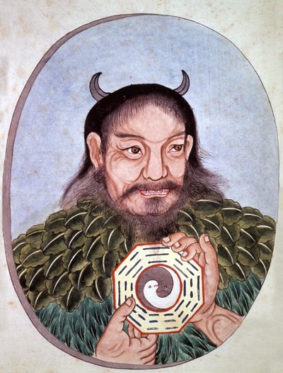 El legendario emperador chino Fu Hi, uno de los fundadores del taoísmo (2582 a.C.), lleva el medallón con el Yin y el Yang, grabado chino de finales del siglo XVIII. de Unbekannter Künstler