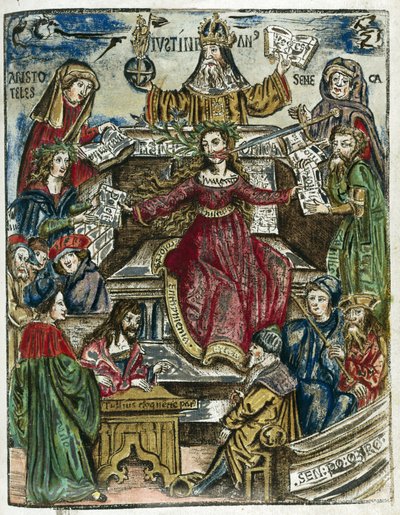 Las ramas del conocimiento, siglo XVI: cada una representada por diferentes personalidades: arriba, Aristóteles (384-322 a.C.) para la filosofía y Séneca (Lucius Annaeus Seneca, 4 a.C.-65) para la moral de Unbekannt