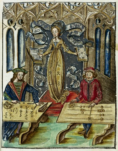 Los instrumentos matemáticos en el siglo XVI: competencia de rapidez de cálculo entre Pitágoras (580-500 a.C.) y Boecio (480-524), Pitágoras usa su tabla de contar (ábaco) y Boecio usa algoritmos de Unbekannt