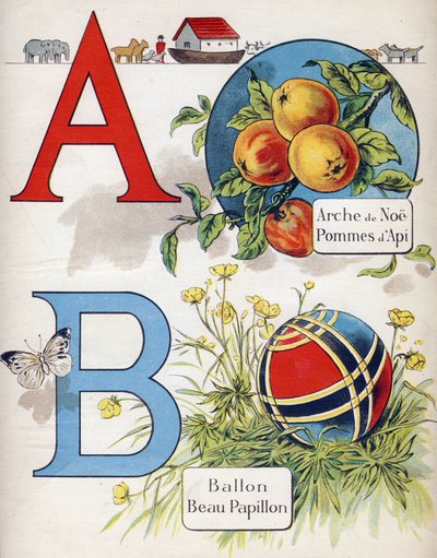 Letras A y B: Arca de Noé, Manzana Apy, Globo y hermoso mariposa. Grabado en "ABC L