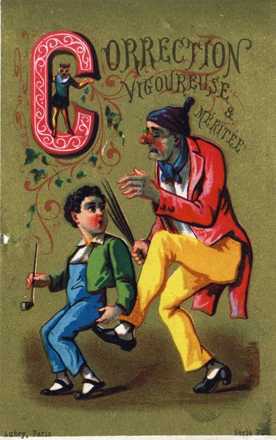 Letra C: Corrección fuerte y merecida. Grabado en "Alphabet des grotesques". Serie de 25 cromolitografías publicitarias sobre un fondo dorado, finales del siglo XIX. de Unbekannt