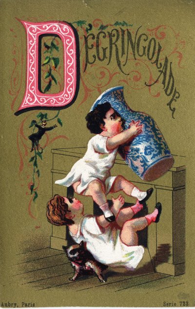 Letra D: Degringolade. Grabado en "Alphabet des grotesques". Serie de 25 cromolitografías publicitarias sobre un fondo dorado, finales del siglo XIX. de Unbekannt