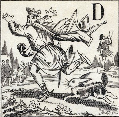 Letra D: Rey Dagoberto perseguido por una liebre. Grabado en "ABC Les Images en Alphabet". Imágenes de Epinal. Pellerin y Cie, impresor-editor, Epinal, finales del siglo XIX, circa 1890. de Unbekannt