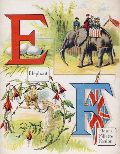 Letra E y F: elefante y flores, niña, banderín. Grabado en "ABC L