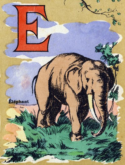 Letra E como elefante. Alfabeto ilustrado. Imágenes reunidas en Jarville-Nancy, principios del siglo XX. Dim: 40 x 29 cm. Litografía sobre fondo bistre de Unbekannt