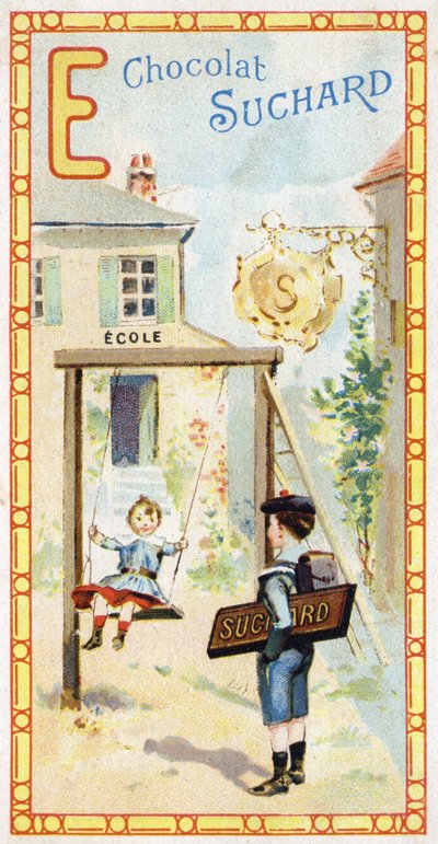 Letra E: escuela, niños, columpio, insignia, cartel, entrada, escalera, escolar. Grabado del Alfabeto editado por Chocolat Suchard, principios del siglo XX. 24 cromolitografías que representan lugares, personajes y objetos para descubrir en la imagen de Unbekannt