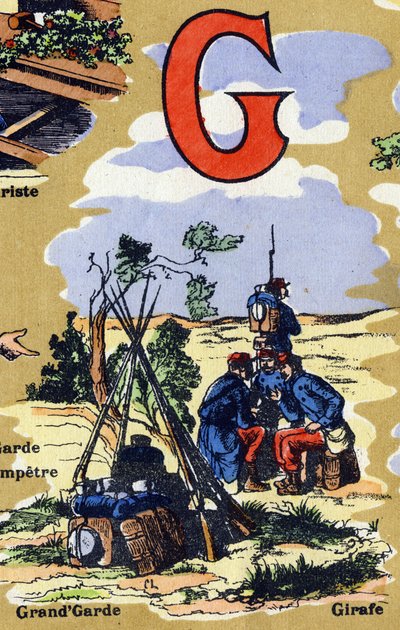 Letra G como la gran guardia del ejército. Alfabeto ilustrado. Imágenes reunidas en Jarville-Nancy, principios del siglo XX. Litografía sobre fondo bistre de Unbekannt
