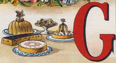 Letra G: pasteles. Grabado en "Alphabet de ma petite fille". Bernardin-Bechet y Fils, libreros-editores, París, alrededor de 1895. Álbum irrompible en lienzo. Bibliothèque des Bébés. 12 páginas. Álbum que contiene un método de lectura y un abecedario ilust de Unbekannt
